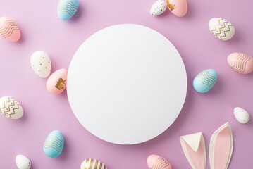 Easter concept. Top view photo of white blank circle colorful easter eggs and easter bunny ears on isolated lilac background with empty space
