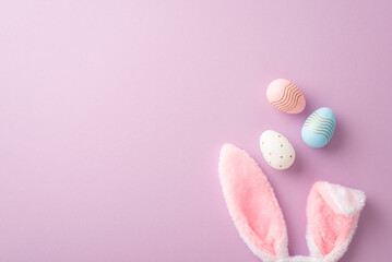 Fototapeta Easter concept. Top view photo of fluffy bunny ears and colorful easter eggs on isolated lilac background with copyspace obraz