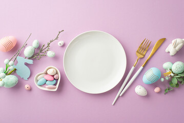 Easter concept. Top view photo of empty plate cutlery fork knife bouquets with easter eggs heart shaped saucer with sweets and ceramic bunny on isolated lilac background with copyspace