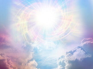Divine Intelligence Spectacular Event Vortexing Sky - a massive high altitude spiraling star sun burst above multicoloured cloudscape with copy space for healing spiritual messages
 - obrazy, fototapety, plakaty