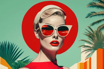 Fotobehang Retro stylefashion woman wearing trendy sunglasses. Pin up girl. Generative AI © LiliGraphie