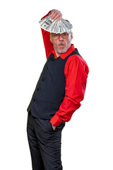 Old smiling grey-haired man in eyeglasses. Holding fan of dollars over head in dancing pose. Human emotions and facial expressions