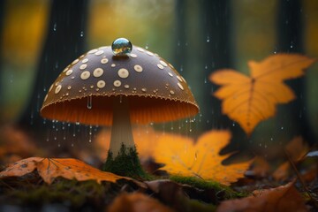 Fototapeta na wymiar illustration of a raindrop hitting a wild mushroom, ai generative