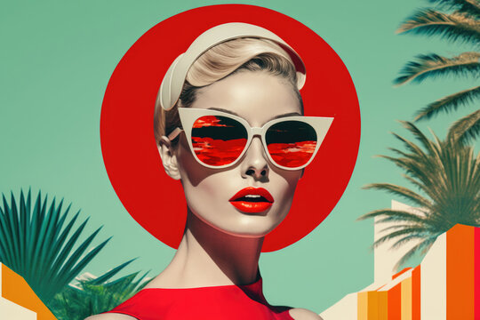 Fototapeta Retro stylefashion woman wearing trendy sunglasses. Pin up girl. Generative AI