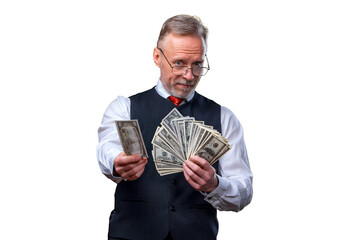 Closeup portrait of super excited senior mature man who just won lots of money, trying to give money to the camera, isolated on yellow background. Positive emotion facial expression feelings.