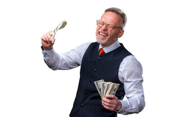 Portrait of happy senior old business man with a smile holding money in hands, dressed in white...