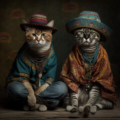 cats in photography posing in the Mexican style, Mexican and Asian clothing generated IA