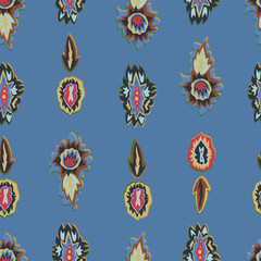 Folk, ethnic, hippie seamless pattern with 70s retro vibes. Abstract colorful tribal spots repeat, blots backdrop.