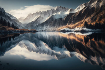 Obraz na płótnie Canvas Mesmerizing Scenery of a Reflection of Snowy Mountains in the Lake - Generative AI