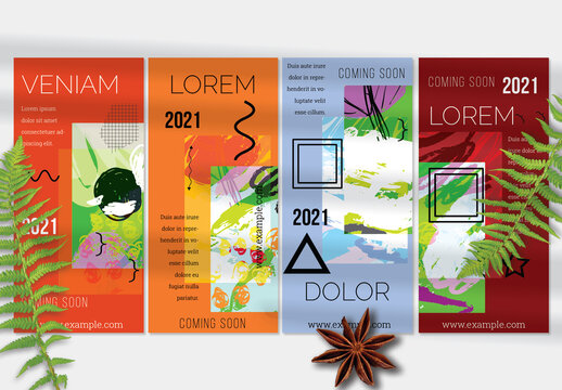 Flyer Layout with Geometric Shapes and Bright Abstract Artistic Brush Strokes