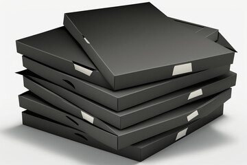 stack of unopened pizza boxes black on a black background