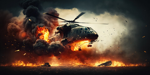 Air Crash. Burning falling helicopter. War concept. Military scene of flying helicopter fire background effect. digital ai art	 - obrazy, fototapety, plakaty