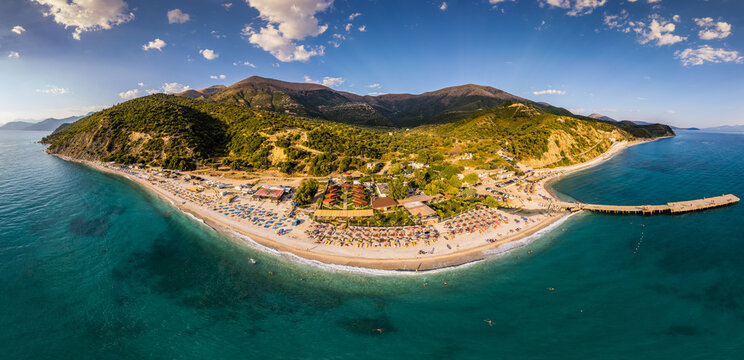 Large panorama aerial view of Bunec Beach area in Summer 2022, Albania