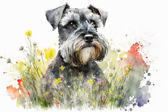 Watercolor painting of cute schnauzer dog in a colorful flower field. Ideal for art print, greeting card, springtime concepts etc. Made with generative AI. 