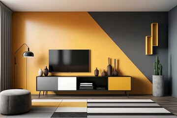 modern living room decor with two tone color wall, minimalistic furnitures