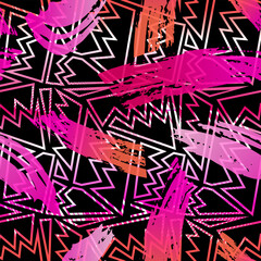 Abstract seamless grunge geometric pattern with brush trace, zigzag bites endless ornament. Repeat Grungy geometrical print for sport textile, fashion clothes, wrapping paper. Pink and black wallpaper