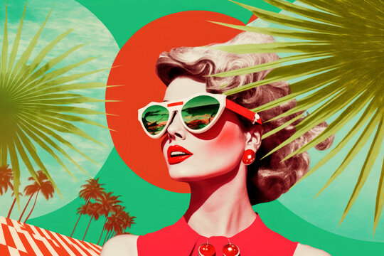 Retro style fashion woman wearing sunglasses. Pin up girl with palm trees. Generative AI