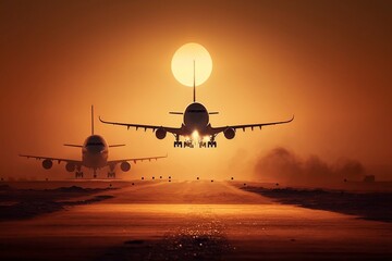 Fototapeta na wymiar illustration, passenger planes and a strong sun that delays the landing, ai generative