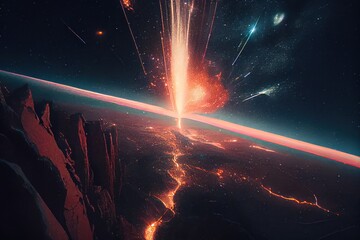 Meteors and meteor showers hitting Earth. Generative AI.