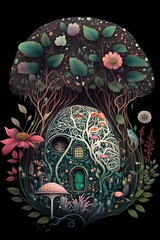 illustration, a wonderful mushroom and flora adorning a fantasy world, ai generative - obrazy, fototapety, plakaty