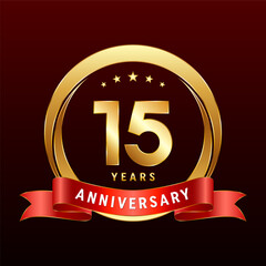 15th Anniversary logo design with golden ring and red ribbon. Logo Vector Template Illustration