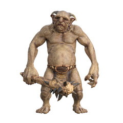 Fantasy troll with green skin and horns, standing with club weapon in hand. Isolated 3D rendering. - obrazy, fototapety, plakaty