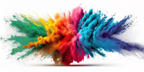 Rainbow explosion of powders with copy space for text over white background. Festival of colors concept. Generative AI