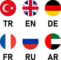Round Flag Icon Set of Turkey UK United Kingdom Great Britain Germany France Russia and UAE United Arab Emirates Flag Button Signs with Language Codes. Vector Image.