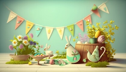 Obraz premium Easter Banner with natural decorated eggs, flowers and shadows, Easter Banner floral composition with delicate pastel eggs and flowers, 