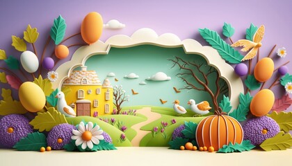 Easter Banner with natural decorated eggs, flowers and shadows, Easter Banner floral composition with delicate pastel eggs and flowers,
