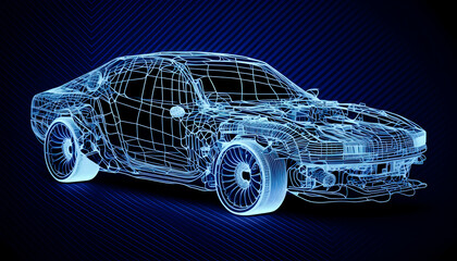 Naklejka premium Side view of Vintage car AR wireframe concept, generative ai, Augmented reality wireframe of car concept with blue background 