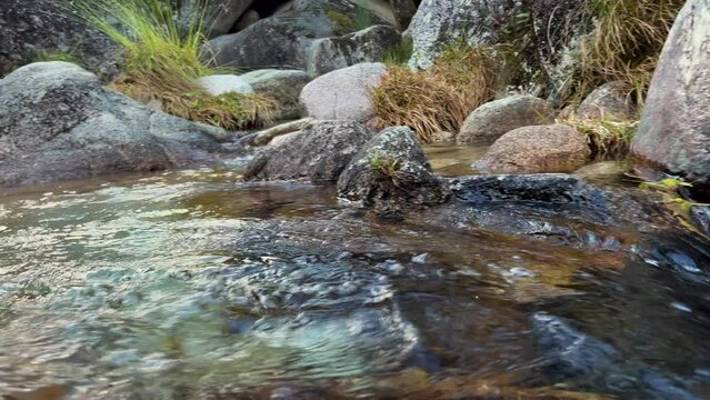 Mountain river in Portugal, Geres, flowing along the stone bottom in slow motion. The water of a wild mountain river splashes on a summer day. 4K.