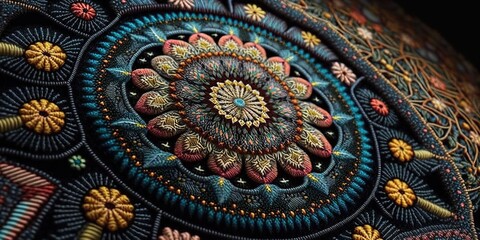 Elaborate cross stitch embroidery with intricate patterns and colorful threads, concept of Handicraft and Counted-threadwork, created with Generative AI technology