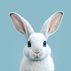 White Easter Bunny with long Ears on blue background. Generative AI