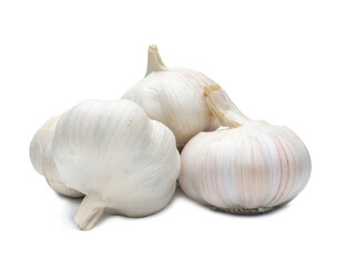 four fresh white garlic bulbs in stack isolated on white background with clipping path, Thai herb is great for healing several severe diseases, heart attact, Hyperlipidemia 
