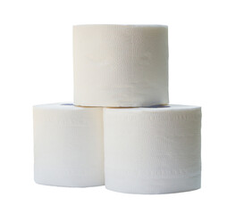 three rolls of white tissue paper or napkin in stack prepared for use in toilet or restroom isolated on white background with clipping path in png file format