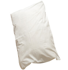 White crumpled pillow with case after guest's use at hotel or resort room isolated on white background with clipping path, Concept of confortable and happy sleep in daily life