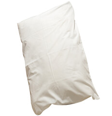 White crumpled pillow with case after guest's use at hotel or resort room isolated on white background with clipping path in png file format, Concept of confortable and happy sleep in daily life