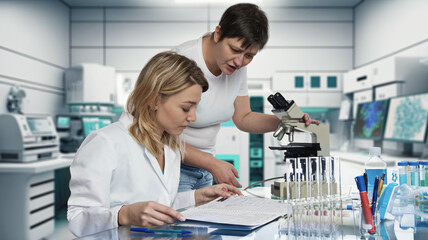 Caucasian female scientists, biologists, biochemists working in research laboratory. European...