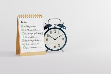 To do list and clock. The concept of planning activities for the new year, new season. Planning your life and jotting them down on notes. 3D render, 3D illustration.