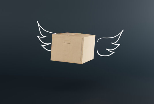 A courier package, a cardboard box with painted wings, a flying package. Parcel delivery concept, courier work and logistic companies. 3D render, 3D illustration.