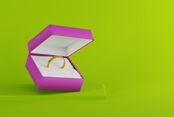 A box with a gold ring inside. Proposal concept, ring, engagement ring. 3D render, 3D illustration.