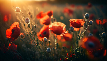 Obraz premium The beauty of poppies in the summer sun. Generative AI.