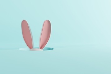 Bunny ears sticking out of the ground. The concept of Easter, the holiday and traditions associated with it. Hare ears on a light background. 3D render, 3D illustration.