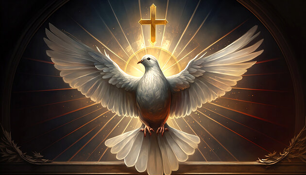 The outpouring of the Holy Spirit and the dawn of golden light: symbols of Easter, the Eucharist and the dove. Generative AI.
