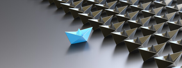 Leadership concept, blue leader boat, standing out from the crowd of black boats. 3D Rendering - obrazy, fototapety, plakaty