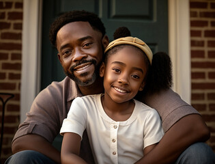 Obraz premium Close-up portrait of loving black father and young daughter sitting together on the front porch, looking at the camera and smiling. Illustration created with Generative AI technology.