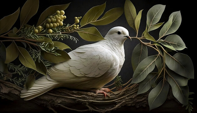 An image of a dove, a symbol of peace, is represented with an olive branch. Generative AI,