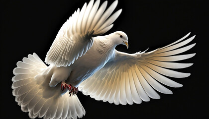 White dove with open wings on a black background...The dawn of purity. Wings of Liberty. Generative AI.