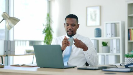 Business, laptop and black man with coffee, success and online reading in workplace, smile and joy. African American male employee, ceo and leader with tea, device and connection with website launch